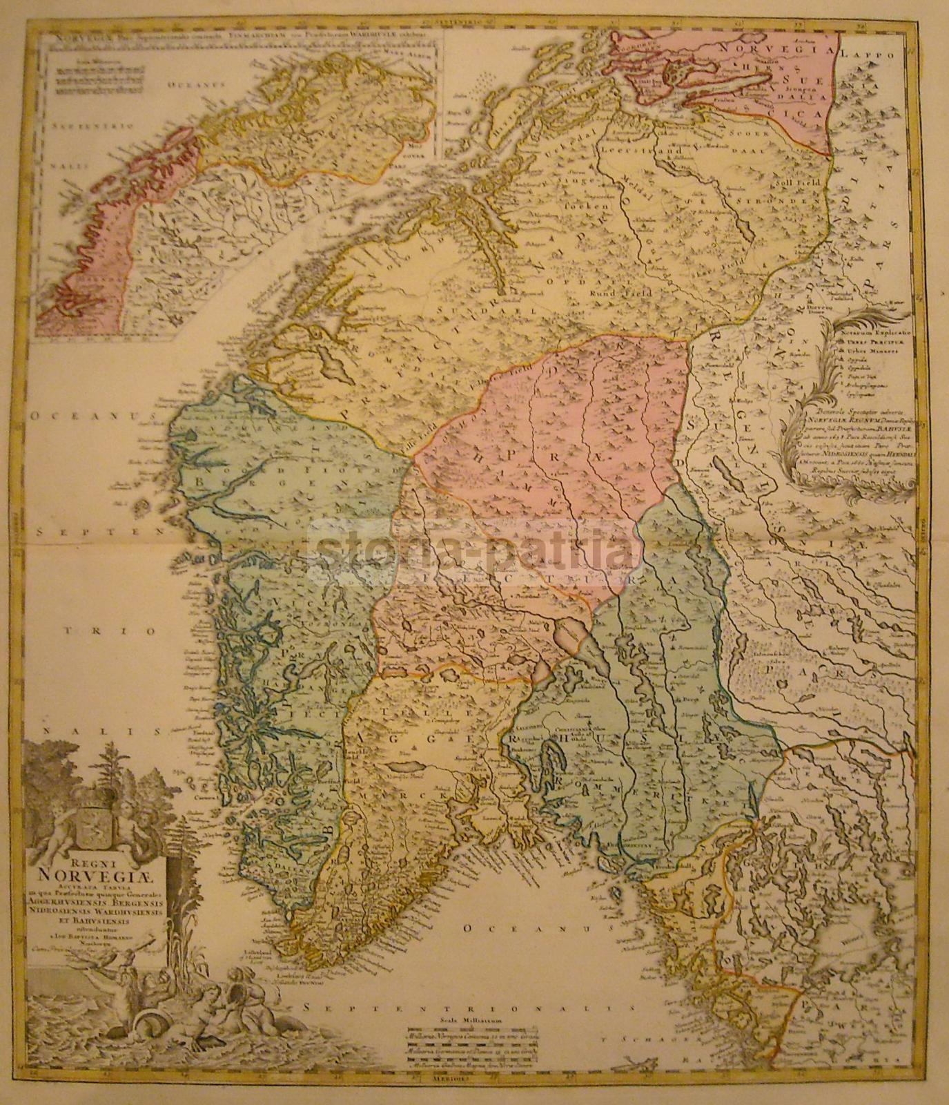 Antichissima Mappa Geografica, Norvegia, Bella Cartografia A Colori, Decorativa immagine 1