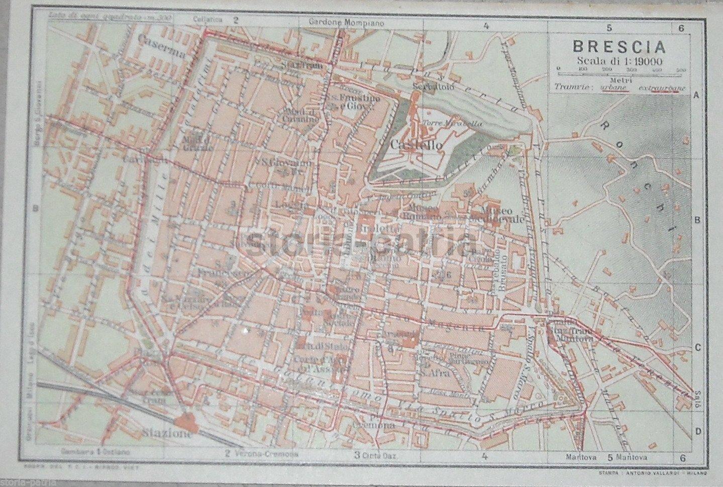 Brescia, Antica Mappa Topografica, Ronchi, Castello, Loggia, Stazione, Duomo, Musei, 900 immagine 1