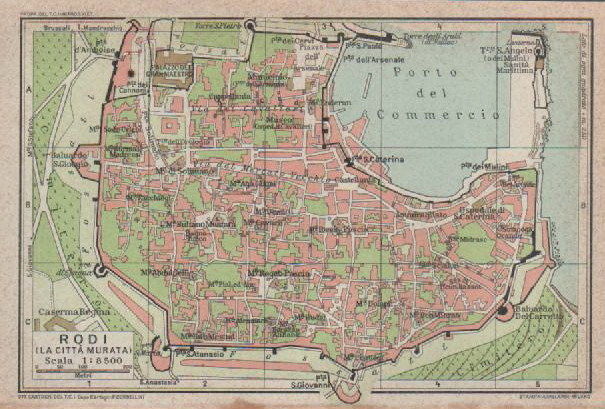 Grecia, Rodi, La Citta Murata, Antica Mappa Topografica immagine 1