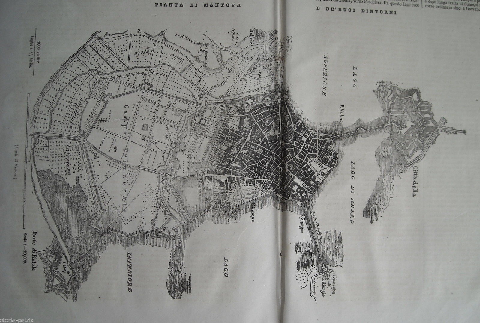 Mantova, Antica Mappa Topografica, Laghi, Cittadella, Pietole, Campo Tricerato, 1848 immagine 1