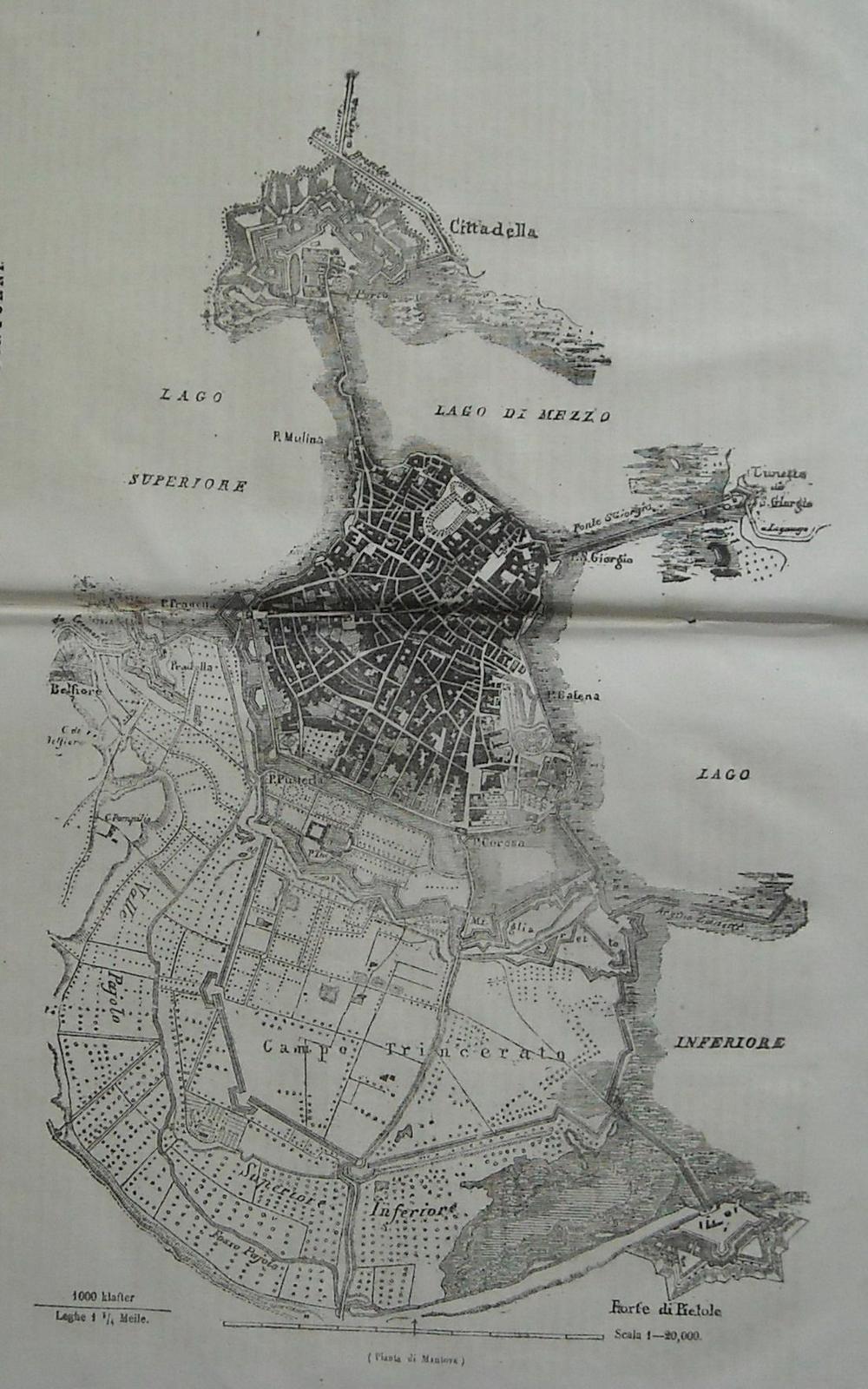 Mantova, Antica Mappa Topografica, Laghi, Cittadella, Pietole, Campo Tricerato, 1848 immagine 1
