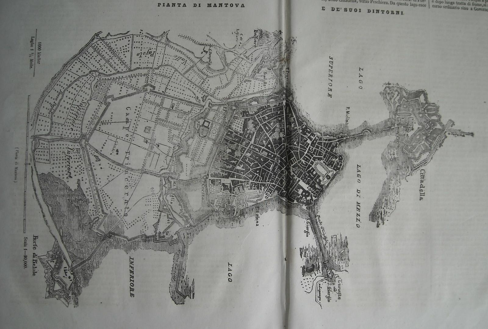 Mantova, Antica Mappa Topografica, Laghi, Cittadella, Pietole, Campo Tricerato, 1848 immagine 2