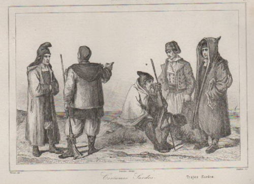 Sardegna, Costumi Popolari Sardi, Abbigliamento, Antica Incisione, Decorativa, 800 immagine 1