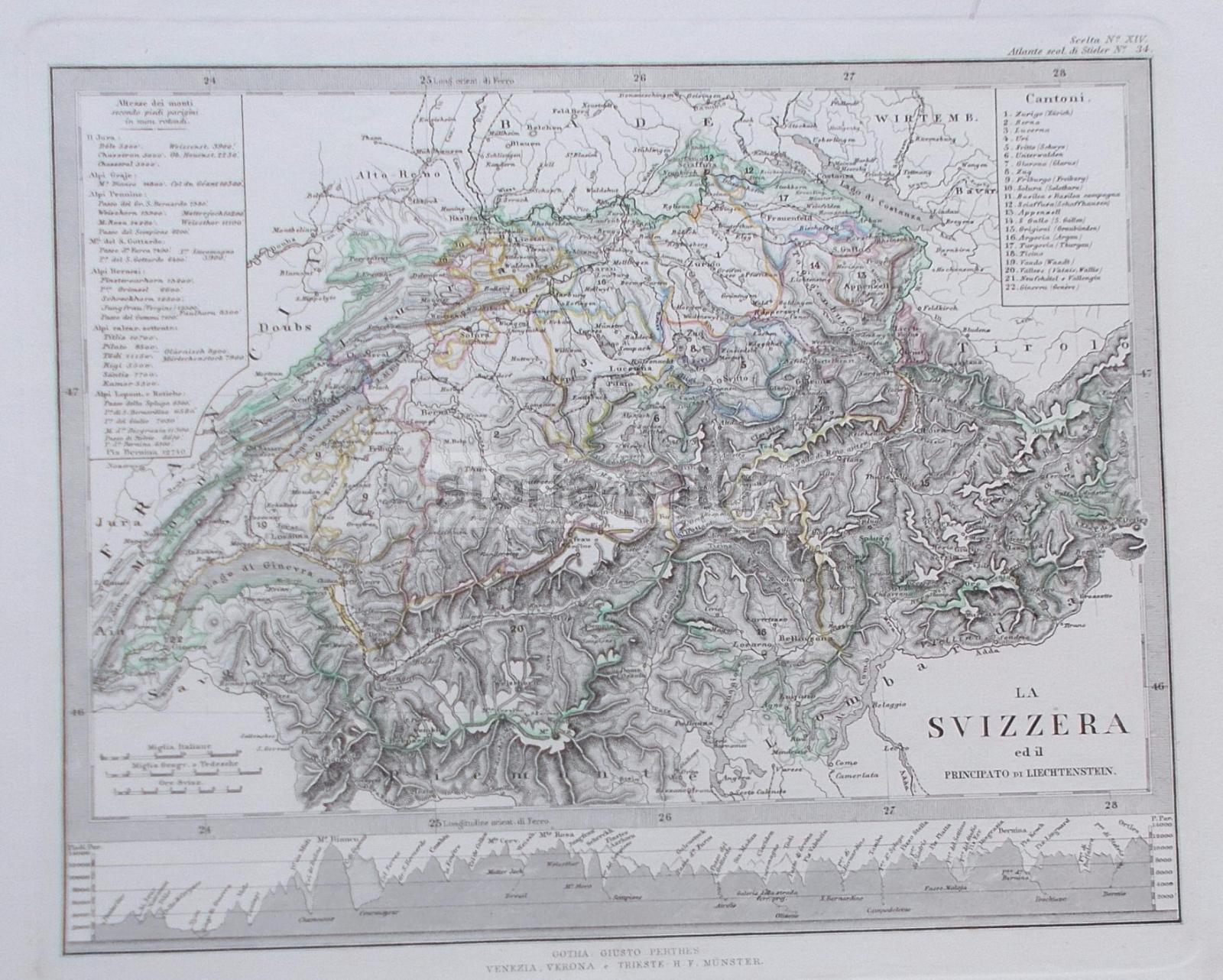 Svizzera, Liechtenstein, Cantoni, Altezza Delle Montagne, Bella Cartografia Dell800 immagine 1