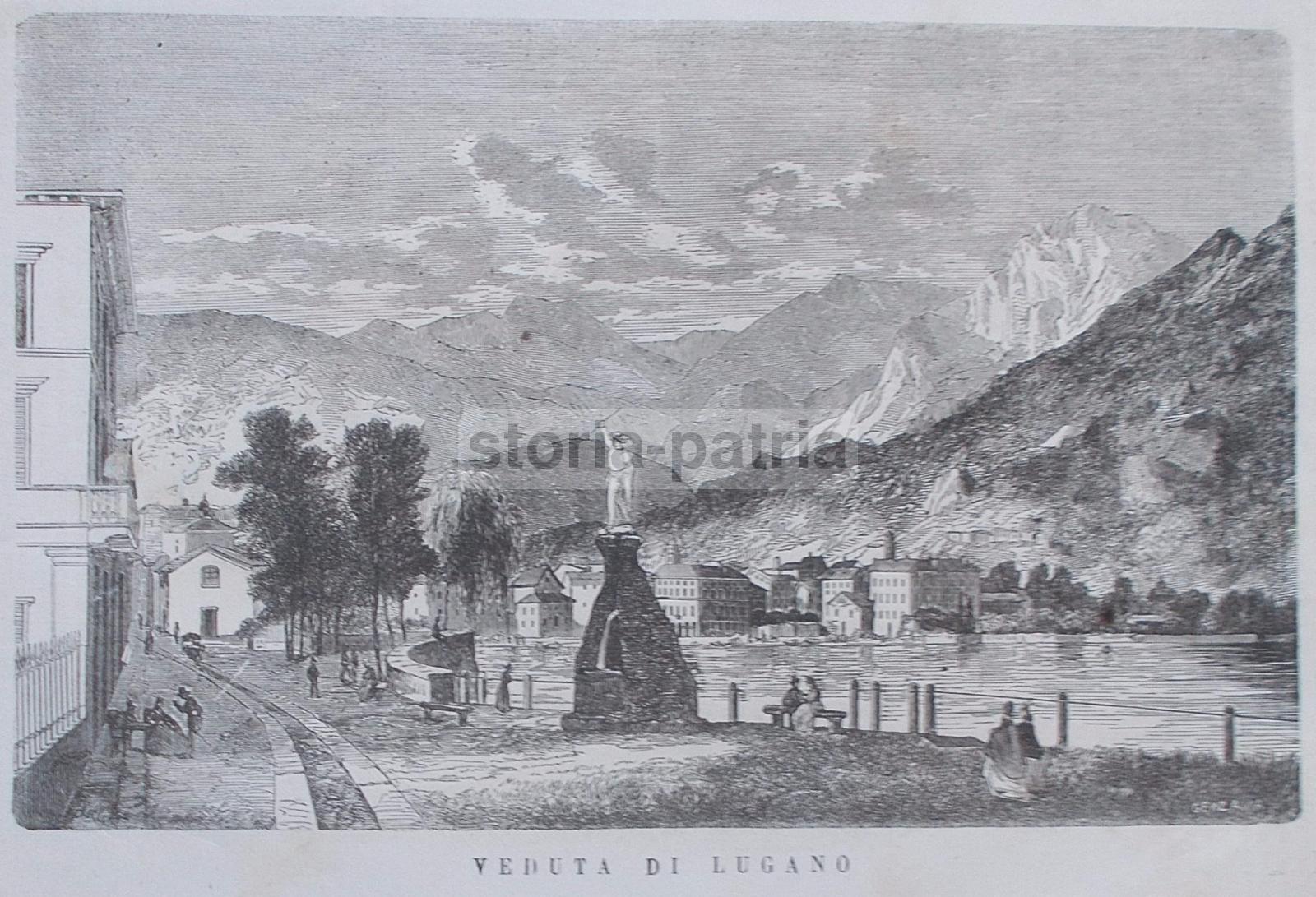 Svizzera, Lugano, Ampia Veduta Panoramica, Antica Incisione Xilografica, Decorativa immagine 2